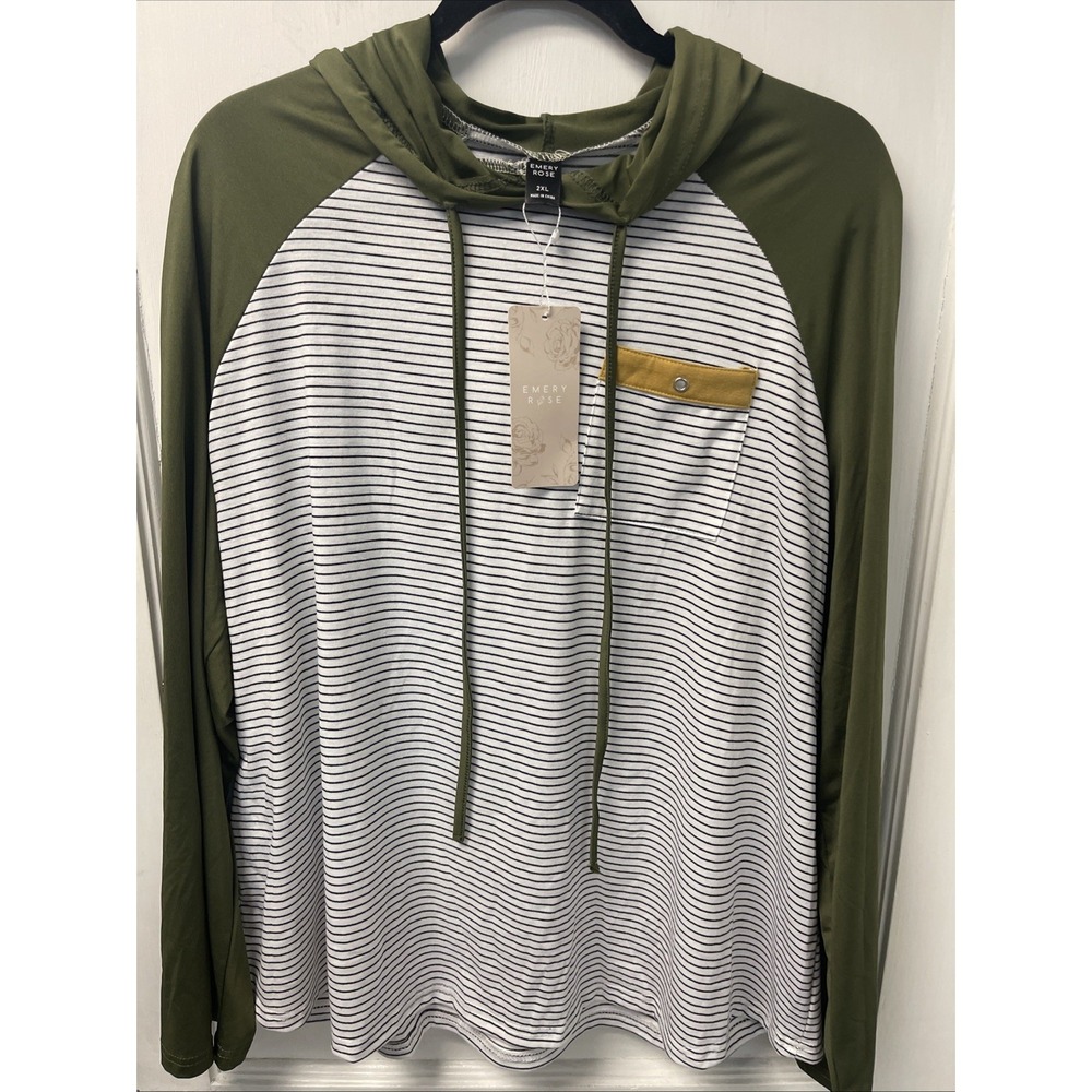 Emery Rose Striped Raglan Hoodie 2XLSize Olive Green Long Sleeve Top NWT